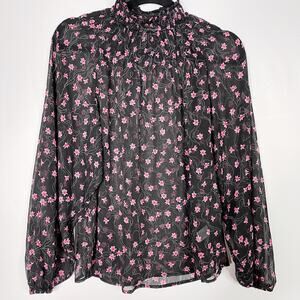 Elizabeth & James Floral Sheer Smocked Top XSmall Black Pink Long Sleeve Blouse